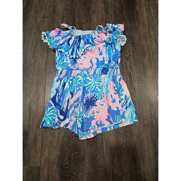 Lilly Pulitzer Girls Romper Blue Pink Floral Tropical Cotton Size M 6-7 88189 - Picture 3 of 3